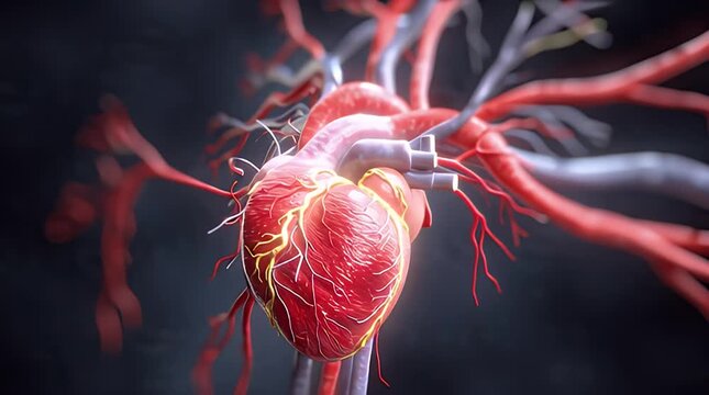 Close-up of a realistic human heart with arteries and veins, in a medically accurate, vibrant display