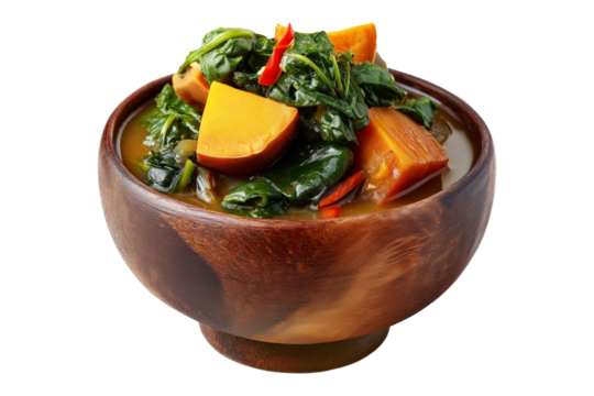 Papua New Guinea Taro and Sweet Potato Stew, thick stew of root vegetables and leafy greens, isolated on white transparent background. Concept of healthy natural food
