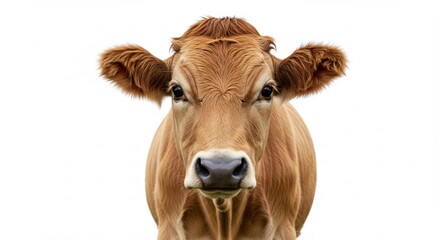 Striking brown cow head shot with direct eye contact isolated on a brilliant white background for a clean graphic aesthetic. AI Generated