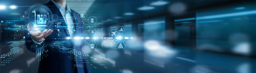 Transportation, supply and delivery management. Manager hold logistics network optimization distribution tracking warehouse automation global transportation efficiency supply chain innovation.