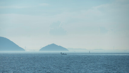 View of islands within Seto Inland Sea, Setonaikai, a strait between Honshu and Shikoku islands of Japan.