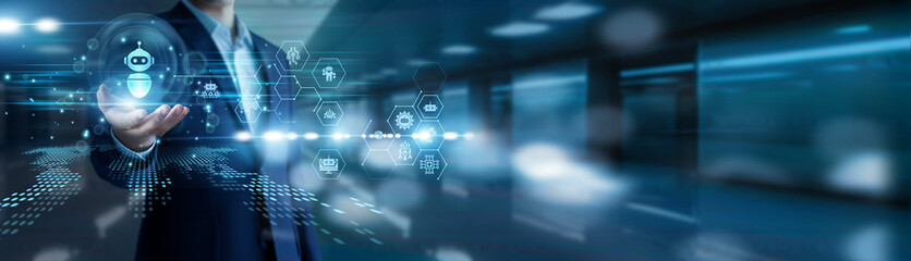 Automation, engineering and intelligent machines. Technician hold robotics systems process automation industrial machines smart sensors AI integration productivity optimization advanced engineering.