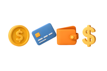 3D Financial Icons — Transparent PNG for Coins, Credit Cards, Wallets & Dollar Signs