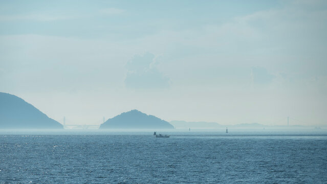 View of islands within Seto Inland Sea, Setonaikai, a strait between Honshu and Shikoku islands of Japan.