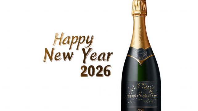 Elegant champagne bottle celebrates happy new year 2026 on transparent background