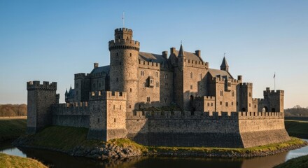 Majestic medieval castle, sunlit, by a moat