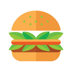 Stylized burger with green leaves and orange slice on white background hamburger