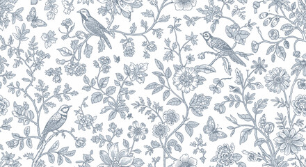 Toile de Jouy Blue Botanical Garden - Vintage Floral Pattern Vector