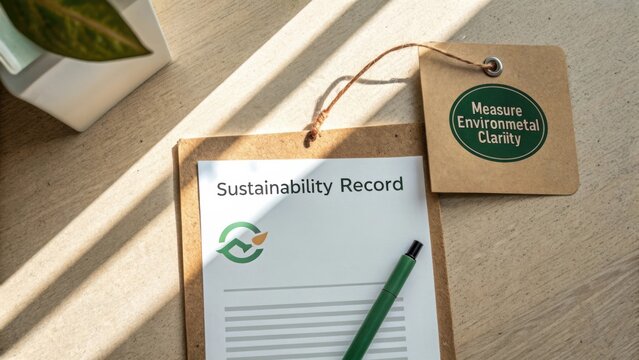 Detailed Sustainability Record for Environmental Clarity on a Wooden Table with Green Plant and Tag Highlighting Measurement Importance