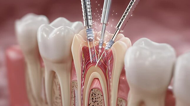 Root canal treatment concept dentist's instruments performing dental procedure inside a tooth