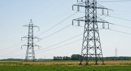 Metal power pylons stand tall over a rural landscape