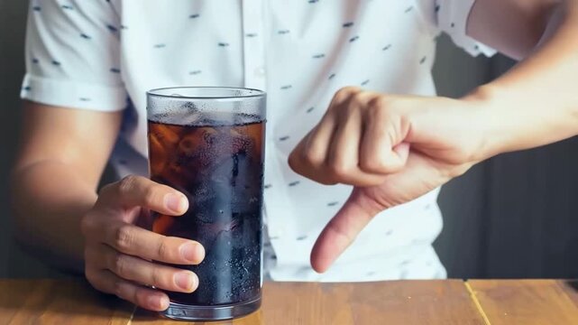 Glass of softdrink splashing with ice on hand wooden table background,