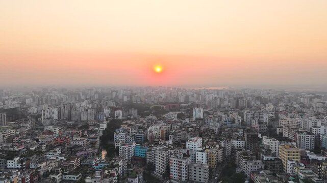 4K Aerial Drone View of Dhaka City Skyline at Sunset &ndash; Urban Landscape of Bangladesh&rsquo;s Capital