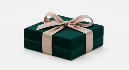 Obraz premium Velvet textured green present box adorned with a neat champagne ribbon reflecting a sophisticated and tasteful gifting aesthetic. AI Generated