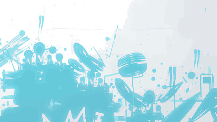 Abstract grunge background featuring a blend of turquoise blue and white paint textures. Bold brush strokes, paint splatters, drips, and rough cross-hatch marks with urban street art.