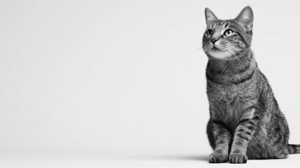 Studio portrait of a sitting tabby cat looking forward against a white back ground