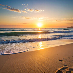 Coastal sunset scene with waves and golden sunlight reflecting on the sand
