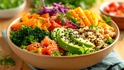Colorful healthy vegetarian salad bowl with various fresh vegetables and grains