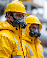 Fototapeta premium Two men in yellow jackets with masks on their faces