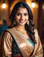 Elegant woman in traditional attire smiling portrait studio lighting golden accents
