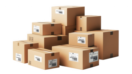 Stack of cardboard boxes ready for shipping and delivery on transparent background