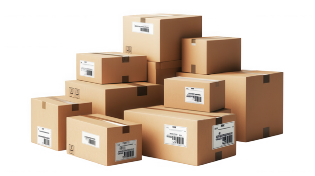 Stack of cardboard boxes ready for shipping and delivery on transparent background