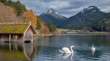 Beautiful swans swim in scenic lake surrounded by mountains