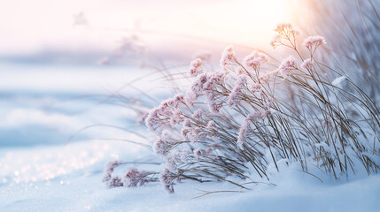 Winter wildflowers in soft pink hues are dusted with snow, bending gently under sunlight. Ethereal frost landscape ideal for seasonal ads, nature blogs, and tranquil design themes.