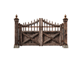 Rustic wooden double gate with stone bases and metal accents entrance, Isolated, Png Transparent Background
