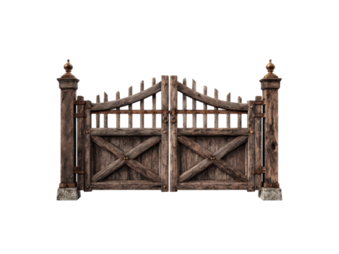Rustic wooden double gate with stone bases and metal accents entrance, Isolated, Png Transparent Background
