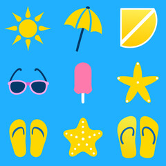 Vector illustration of summer themed icons including sun, umbrella, popsicle, and starfish
