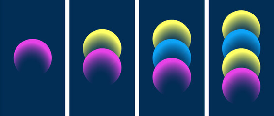 Abstract spheres in progression show growth and development on a dark blue gradient background