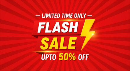 Flash Sale Banner with Lightning Bolt and Radiating Red Background