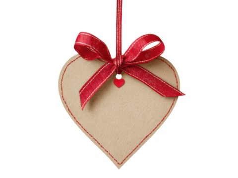 Heart shaped craft gift tag with red ribbon bow image, Isolated, Png Transparent Background