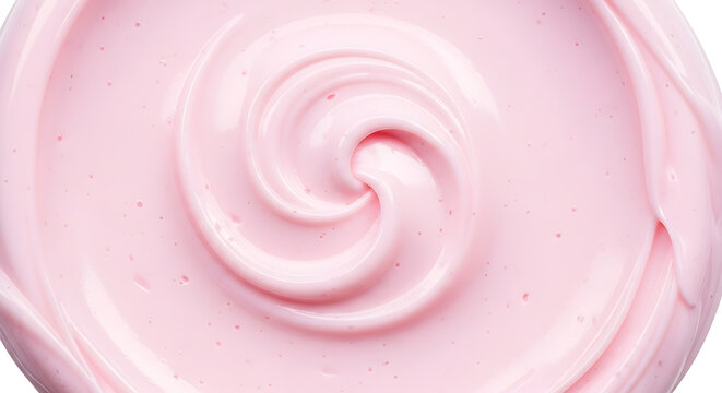 Macro top view of swirled pink cosmetic cream or yogurt texture