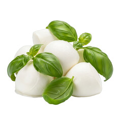 Fresh Mozzarella Balls with Basil Leaves isolated on a transparent background