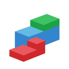 Obraz premium A vibrant arrangement of three colorful isometric blocks creates a dynamic visual representation of progress and structured growth on a clean white background.
