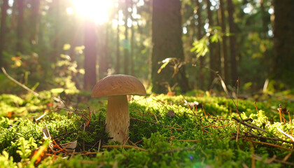 Mushroom in sunlight forest floor scene with moss and trees natures beauty