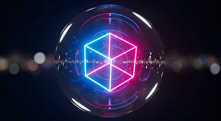 Futuristic neon cube glowing in a transparent orb with a bokeh background creating a captivating abstract design for tech innovation and digital solutions