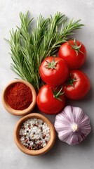 Flat lay still life of fresh tomatoes rosemary garlic and spices in rustic bowls on a textured gray background with natural lighting