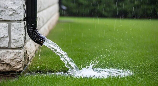 Rainwater gushing from downspout onto a vibrant green lawn creating splashes