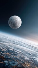 Futuristic Space Photo Showing a Pixelated Moon Orbiting Earth With City Lights Visible On The Planet Surface During Day.