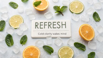 Refreshing citrus arrangement with ice cubes and mint leaves for invigorating and revitalizing summer vibes and experiences