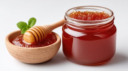Glass jar and ceramic bowl filled with golden amber honey and a wooden honey dipper garnished with fresh mint leaves on a white background