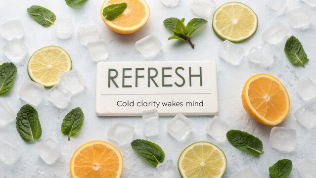 Refreshing citrus arrangement with ice cubes and mint leaves for invigorating and revitalizing summer vibes and experiences
