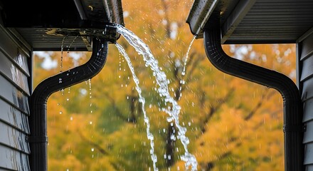 Autumn rain water flowing through gutter with blurred fall foliage background