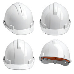 Fototapeta premium Four white hard hats angled differently, safety equipment