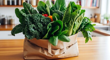 Fresh healthy green leafy vegetables in a reusable bag on a kitchen countertop