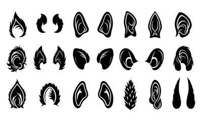 A large set of isolated black vector animal ears for creating fantasy or furry characters