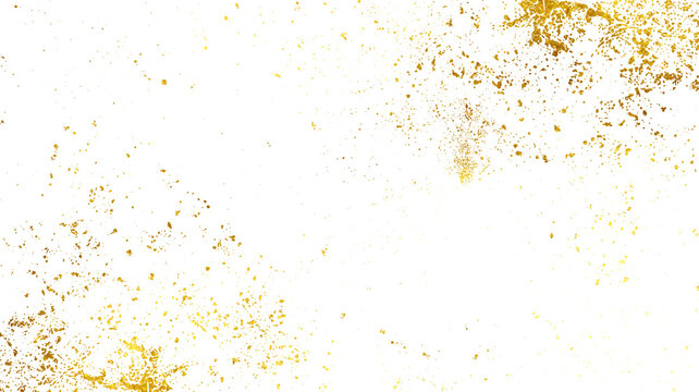 Rich gold foil splatter texture with glitter and dust particles on transparent background, luxurious decorative overlay for invitations, banners, and premium design.